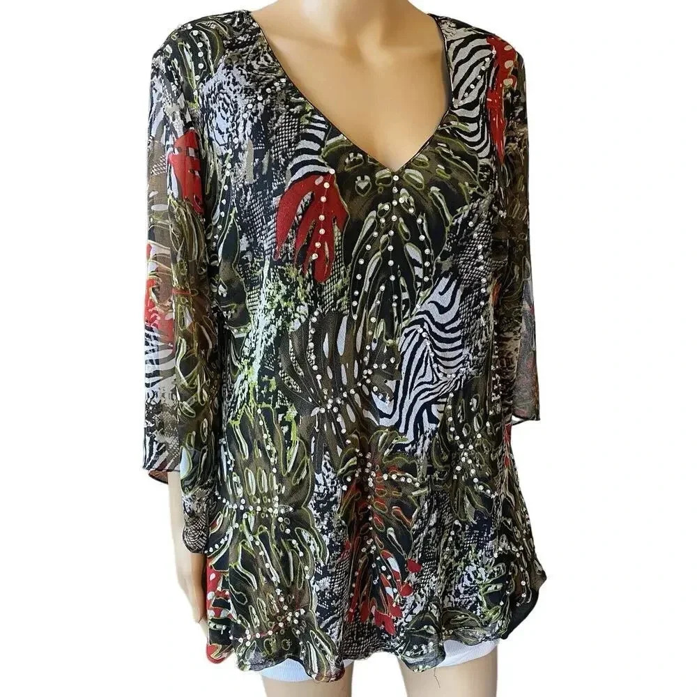 Y2K Signature V Neck Tunic Top Blouse Sequins Beads Artsy Fairy Women’s 1X Light